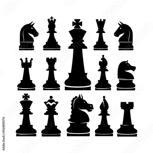 Chess Pieces Chessmen Silhouette Clipart on White Background