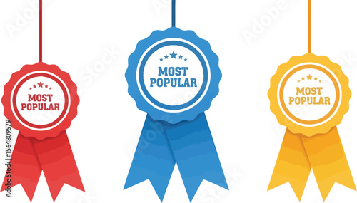 Three most popular badges in red blue and yellow on a white background