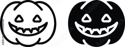 Halloween Pumpkin Face Icon Set – Black and White Jack-o'-Lantern Vector Illustration
