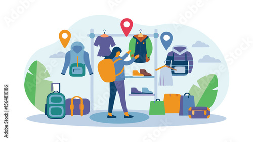 Woman with backpack shopping for clothes and shoes in a store with bags and luggage visible