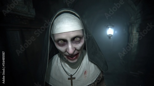 A screenshot of a horror video game. A zombie nun as a computer game character. Evil. Haunt