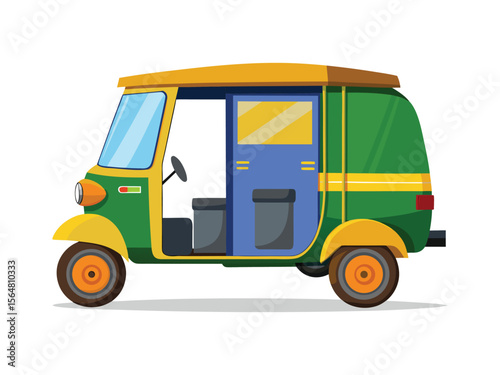 Colorful green and yellow auto rickshaw with blue passenger cabin isolated on white background

