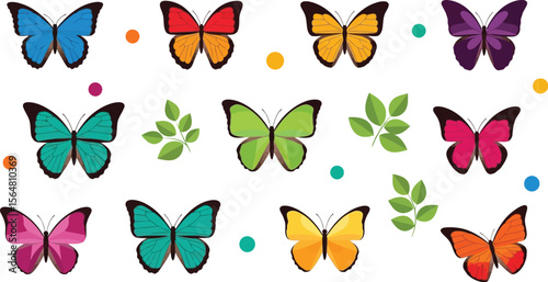 Assorted butterflies with colorful dots and leaves on a white background