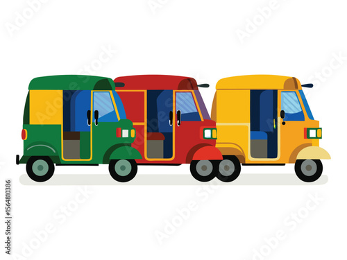 Three colorful cartoon auto rickshaws in a row on a white background

