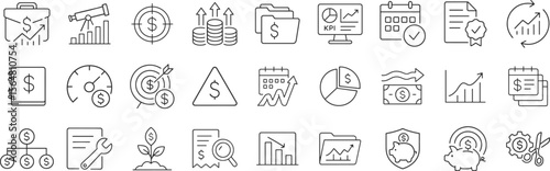 Tax and budgeting line icon set vector illustration. Includes forms, deductions, VAT, bookkeeping, penalty, accountant, bracket, compliance, audit, financial statements and payment tracking symbols.