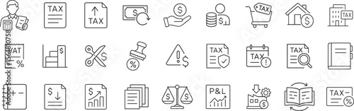 Loan and financing line icon collection vector illustration. Includes approval, interest rate, repayment, mortgage, agreement, penalty, rejection, calculator, credit score and credit risk elements.