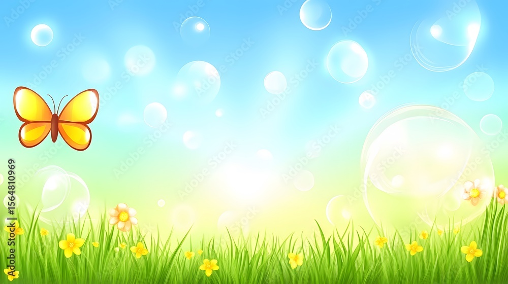 Obraz premium Spring Meadow with Butterfly and Bubbles