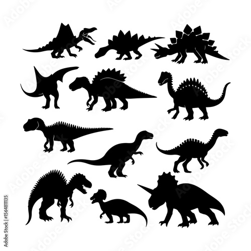 Dinosaurs Black Silhouette Set Clipart White Background