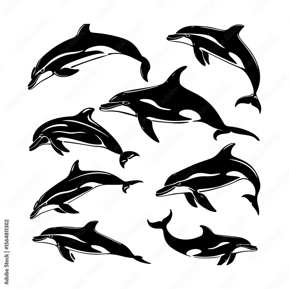 Naklejka premium Dolphin Silhouette Set Clipart White Background