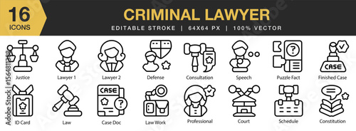 Criminal Lawyer icon set. Editable Stroke Icon Collection. Includes legal, law, justice, criminal, lawyer, court, and More. Outline icons vector collection.