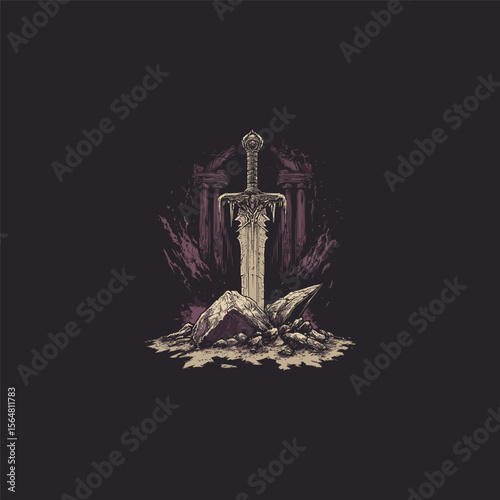 Mystical sword stuck in stone design vector template illustration