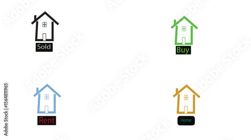 Set of real estate icons showing sold, buy, rent, and home options with house symbols


