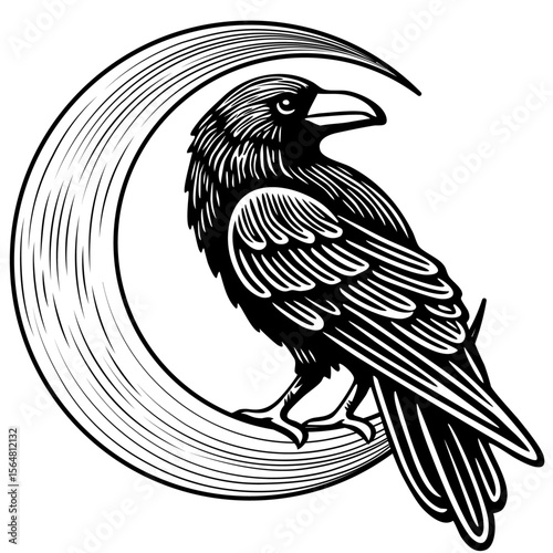 Raven sitting on crescent moon. Black and white vector illustration isolated on white background. Mystic raven and moon concept for tattoo and print design. Design for poster, sticker, greeting card, 