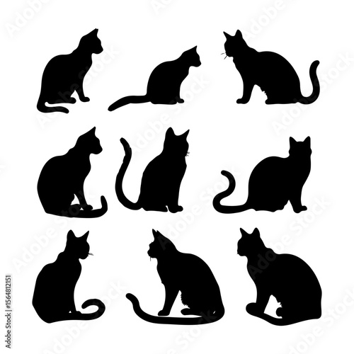 Exotic Shorthair Cat Black Silhouettes Clipart Black and White Background