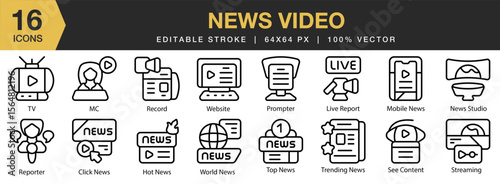 News Video icon set. Editable Stroke Icon Collection. Includes news, video, technology, media, tv, broadcast, and More. Outline icons vector collection.