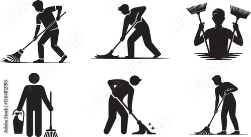 Cleaning Worker Silhouette Vector Set – People Sweeping, Mopping, and Raking in Black and White Icons