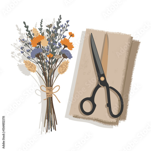 Dried Flower Bundle with Twine and Linen Cloth, Flat Rustic Icon