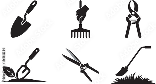 Gardening Tools Silhouette Vector Set – Trowel, Rake, Pruner, Shears, Hoe, and Hand Fork Icons in Black
