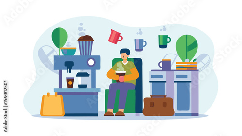 Person sitting with coffee in a room with coffee machine and floating cups and mugs around them all day