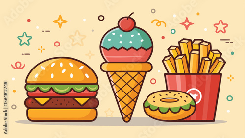 Delicious Fast Food Illustration Burger, Ice Cream, Fries, and Donut