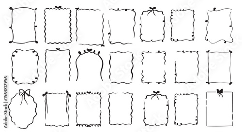 Square doodle stamp frames, hand-drawn wavy curly monograms. Edgings and cadres with simple sketchy scribble swirl design elements. Isolated. Vector illustration.