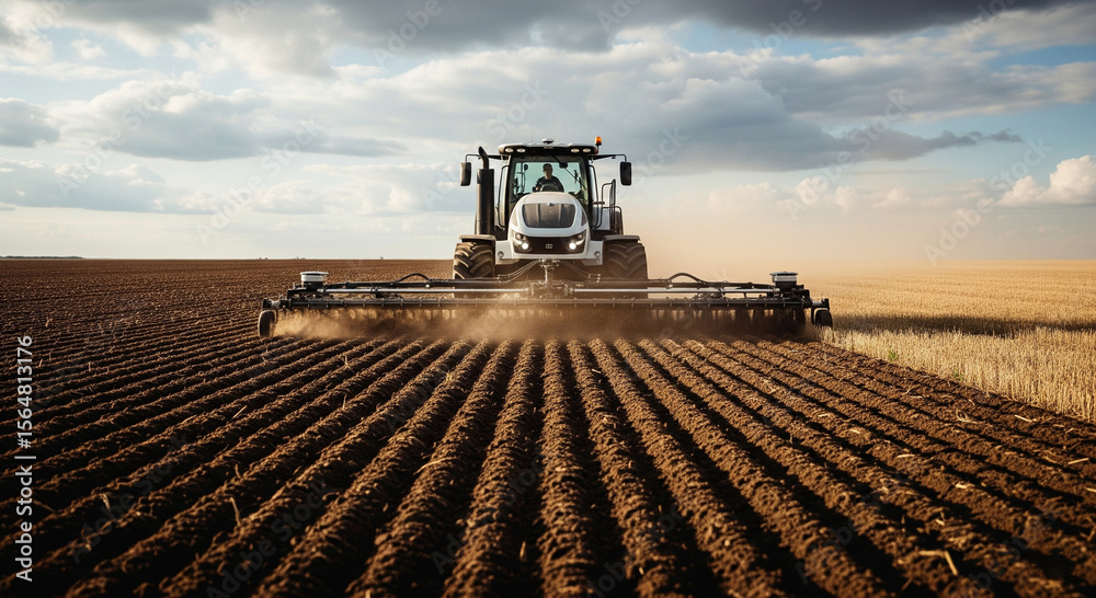 Fototapeta premium A large white tractor pulling a seeding or tilling implement, moving through a freshly tilled brown field under a cloudy sky