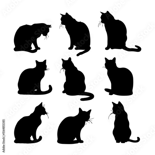 Exotic Shorthair Cat Black Silhouettes Set Clipart Black and White Background