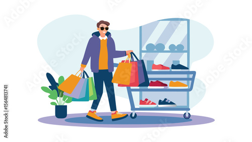 Man in sunglasses carrying shopping bags next to a shoe rack in a store with a plant nearby