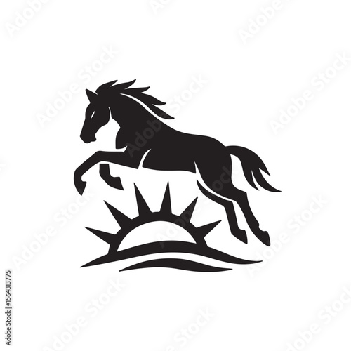 Black silhouette of a horse jumping over a sun with waves in a vector illustration