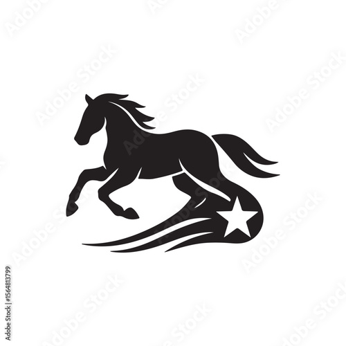 A black silhouette of a horse jumping with a star and comet trail on white background