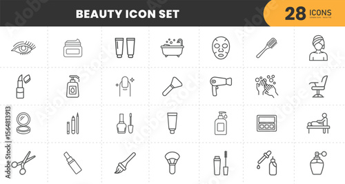  Beauty and cosmetics vector line icons set. Cosmetics, Beauty, Skincare, Makeup, Perfume, Fragrance, Hair. Modern thin line style of beauty related icons. Dermatology spa hydration anti aging facial 