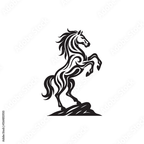 Stylized black horse rearing up on a rock in a simple black and white illustration