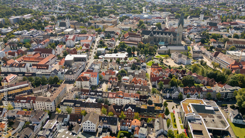 Aerial view of the old town of the city Paderborn in Germany on an overcast day in afternoon