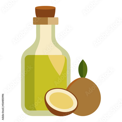Macadamia oil in a glass bottle and nuts vector icon on white background.