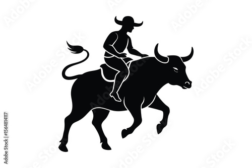 A bull man riding silhouette on white background