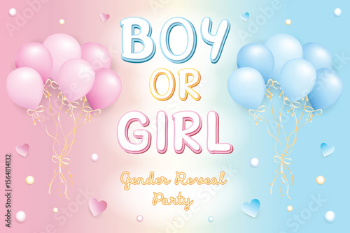 Boy or girl gender reveal party, vector illustration with the words boy or girl and a bunch of pink and blue balloons on a pink and blue background with hearts and colorful elements