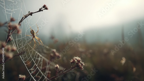 Ultra-realistic, high-res cinematic photo: A delicate spider on its dew-kissed web attached to a twig. Gently blurred, expansive natural vista in distance. Medium shot, sharp texture.