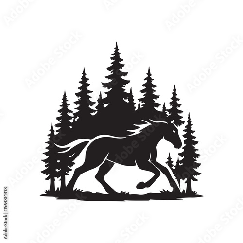 Silhouette of a horse running through a forest of pine trees in black and white art