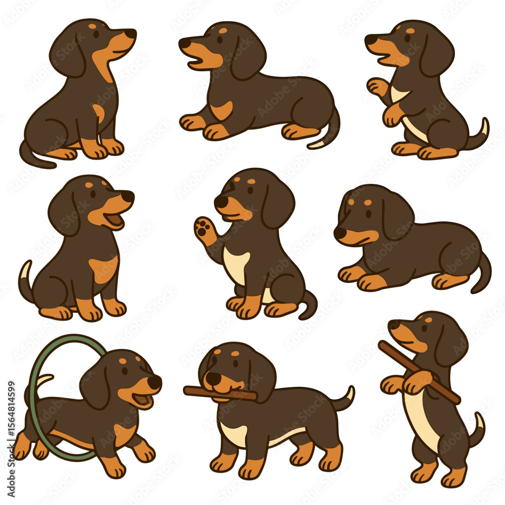 Obraz premium Brown dachshund dog characters in various playful poses and actions