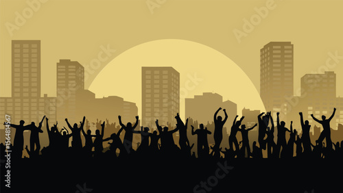 Silhouette of cheering crowd with arms raised against a cityscape at sunset or sunrise scene