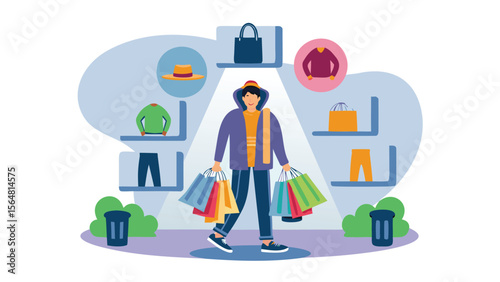 Man holding shopping bags in front of shelves displaying clothes and accessories in a store setting