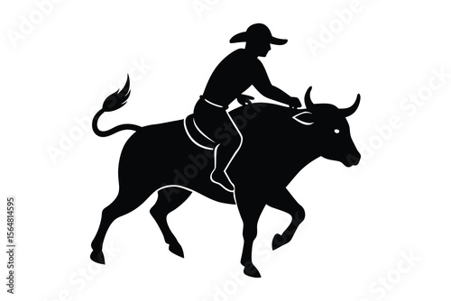 A bull man riding a aggressive bull silhouette on white background