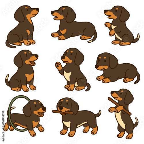 Brown dachshund dog characters in various playful poses and actions  