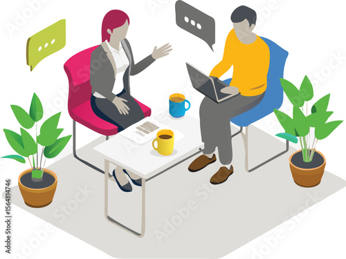 Isometric view of a man and woman in discussion with laptop and coffee cups at a white table