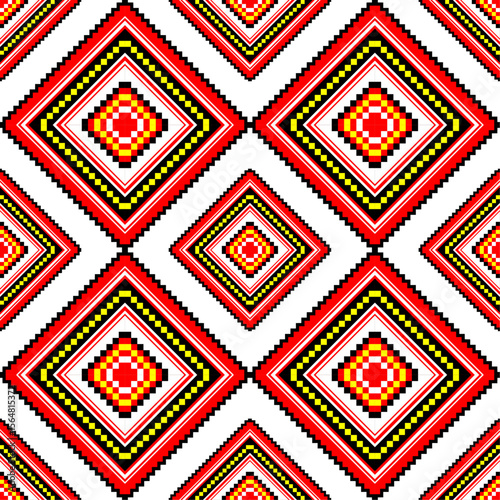 Bold tribal seamless pattern with red diamond shapes. Great for fabrics, cultural designs, packaging, and ethnic digital prints.
