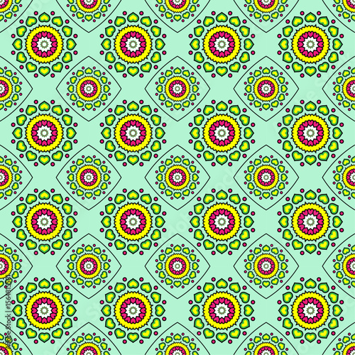 Vibrant mandala floral pattern with symmetrical shapes and bright colors. Ideal for digital paper, wrapping, crafts, fabric, and cultural themes.