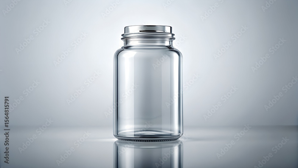 Clear glass vial with silver metal cap on a reflective surface with soft lighting Clear glass vial with silver metal cap on a reflective surface with soft lighting