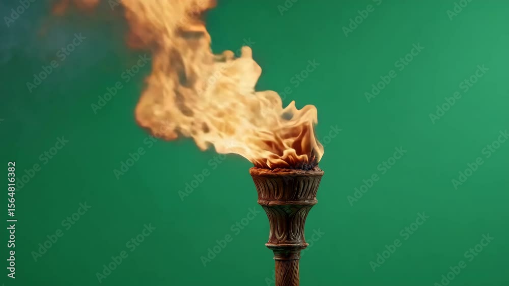 Flaming torch with vivid fire on green