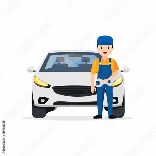 Car mechanic standing next to vehicle in cartoon illustration