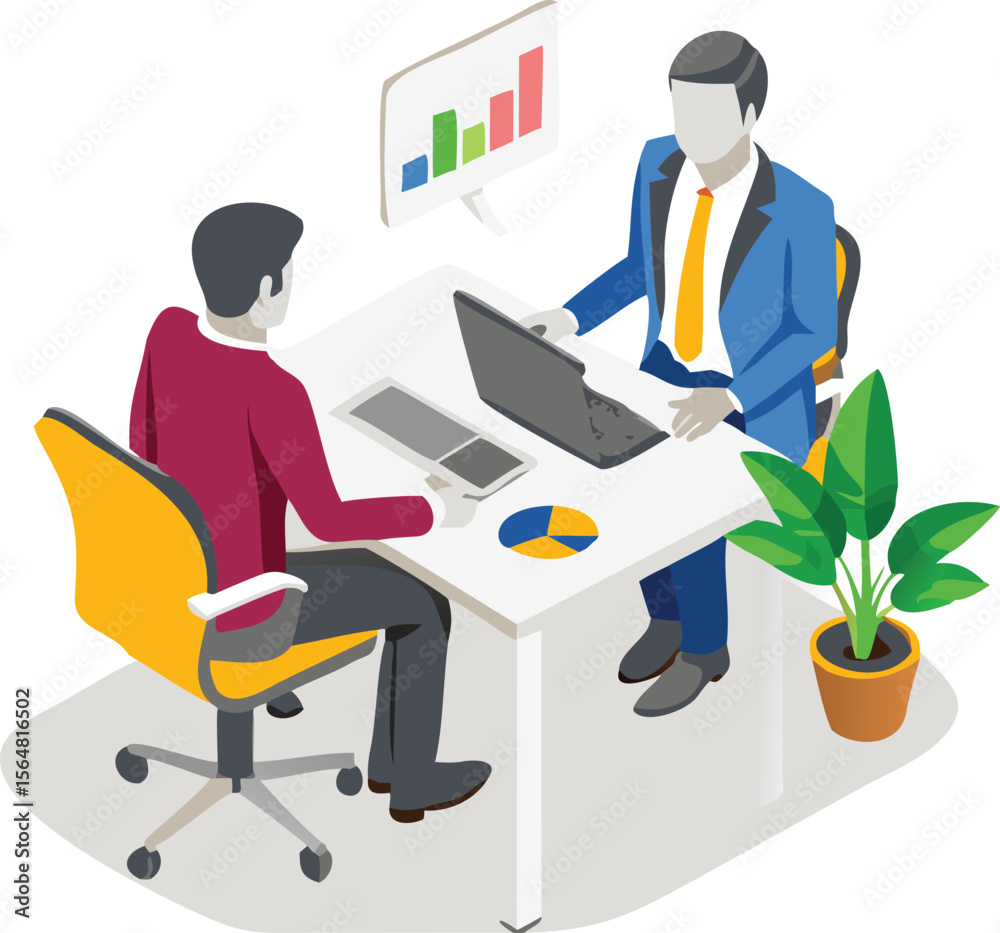 Obraz premium Two business people at a desk with a laptop, chart, phone, and plant in an office setting shown